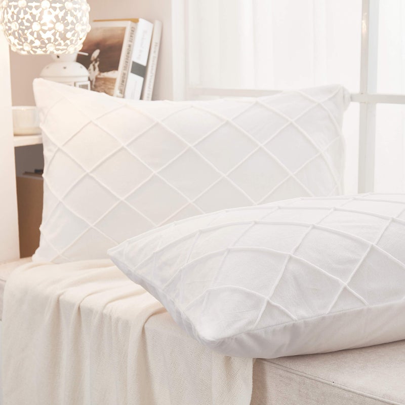 JAUXIO Diamond Pinch Pleated Crystal Velvet Pillowcases 2 Pack Solid Pintuck Throw Cushion Cover for Home Decor Hidden Zipper Closure (White, King) - Image 3